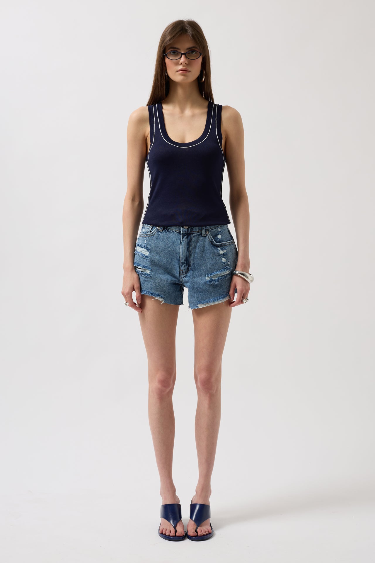 Piping Detail Halter Neck Navy White Blouse