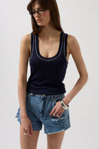 Piping Detail Halter Neck Navy White Blouse