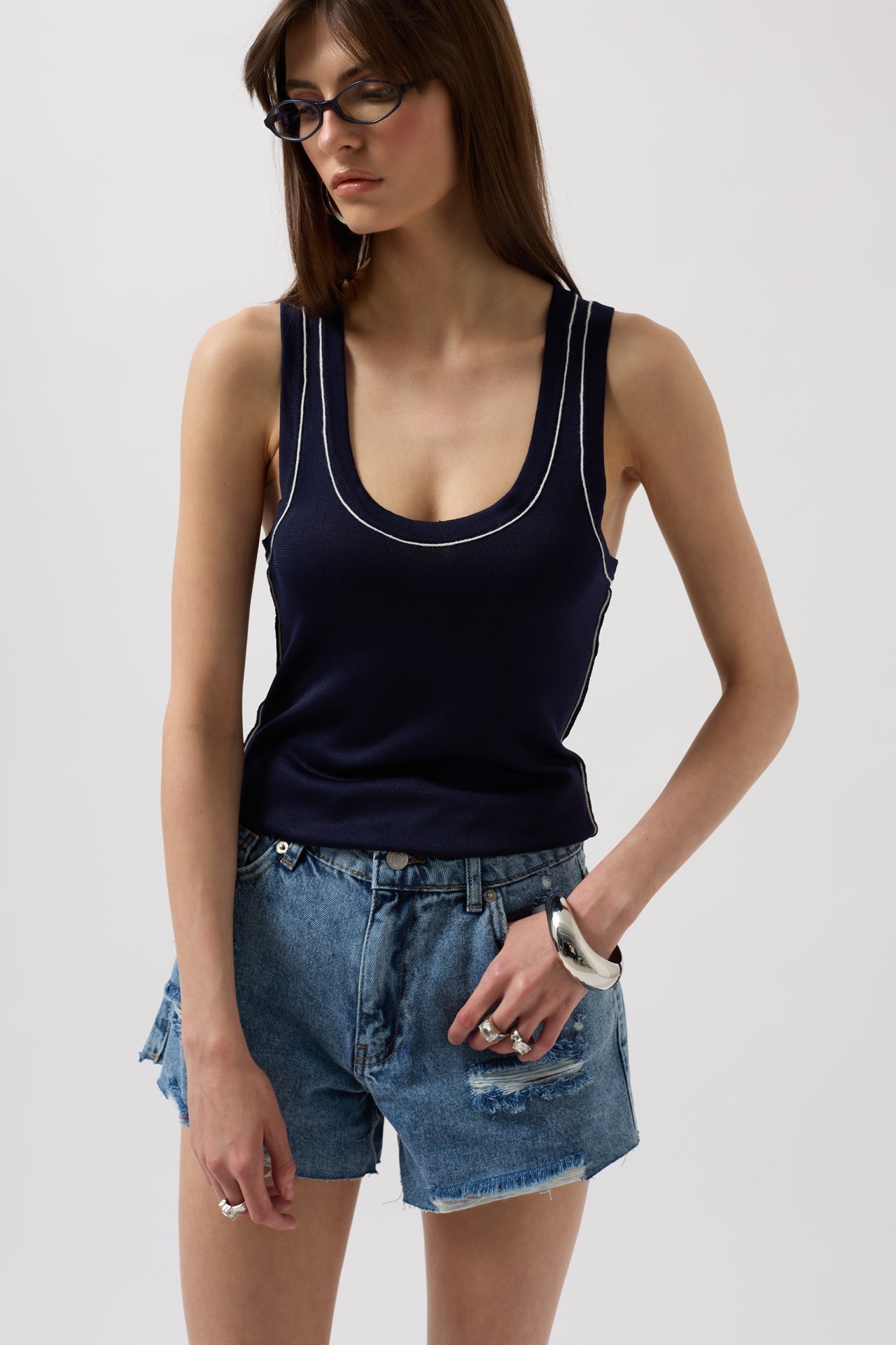 Piping Detail Halter Neck Navy White Blouse