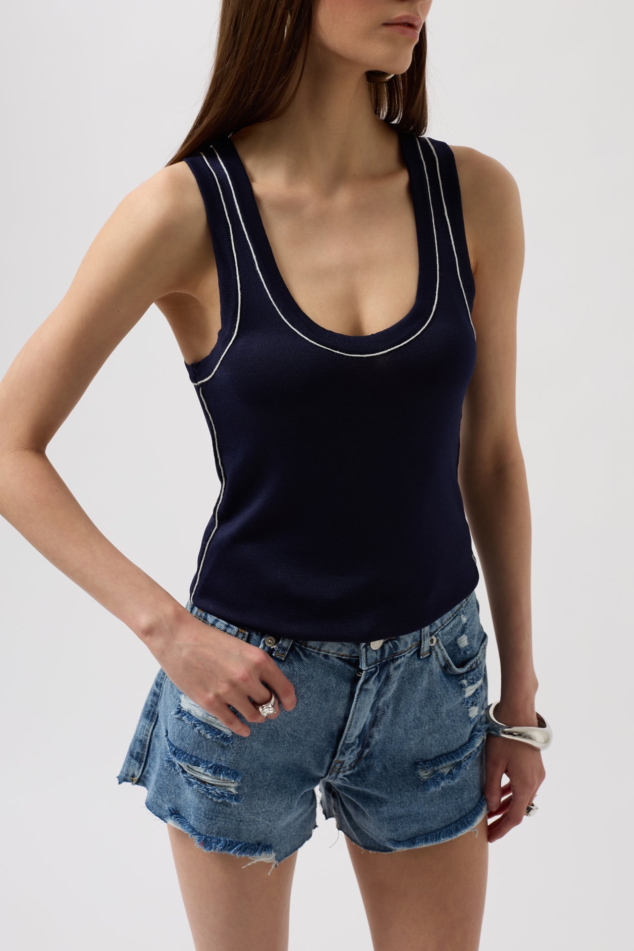 Piping Detail Halter Neck Navy White Blouse