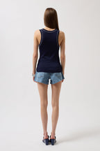 Piping Detail Halter Neck Navy White Blouse