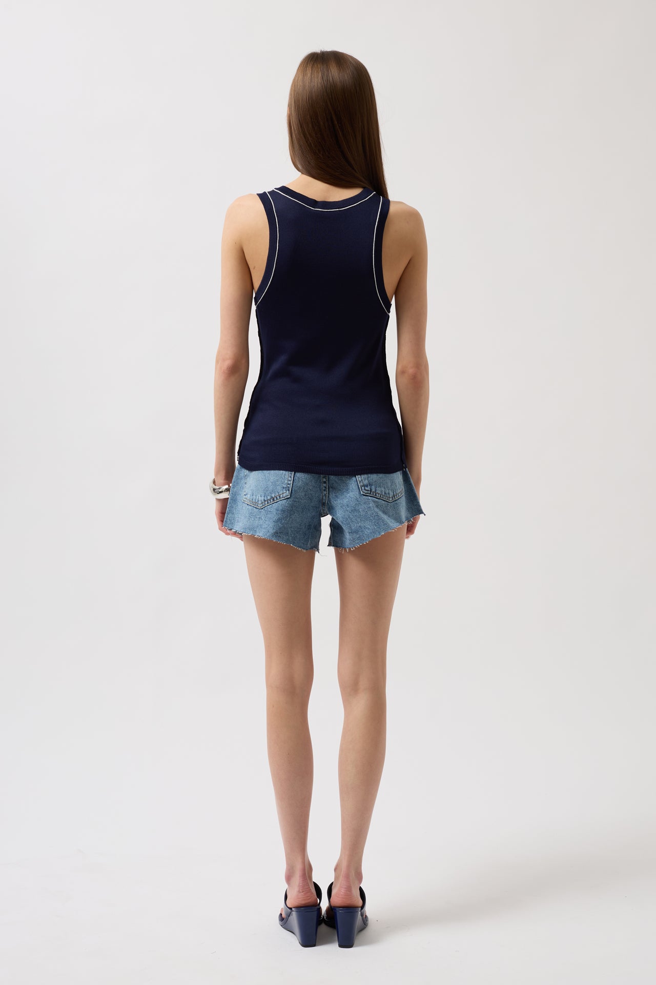 Piping Detail Halter Neck Navy White Blouse