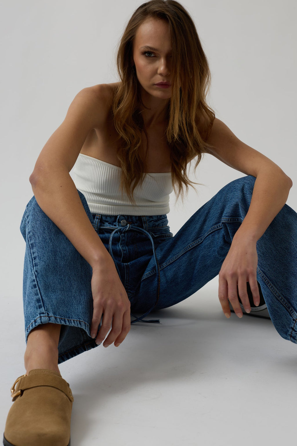 Piping Detail Straight Blue Jeans