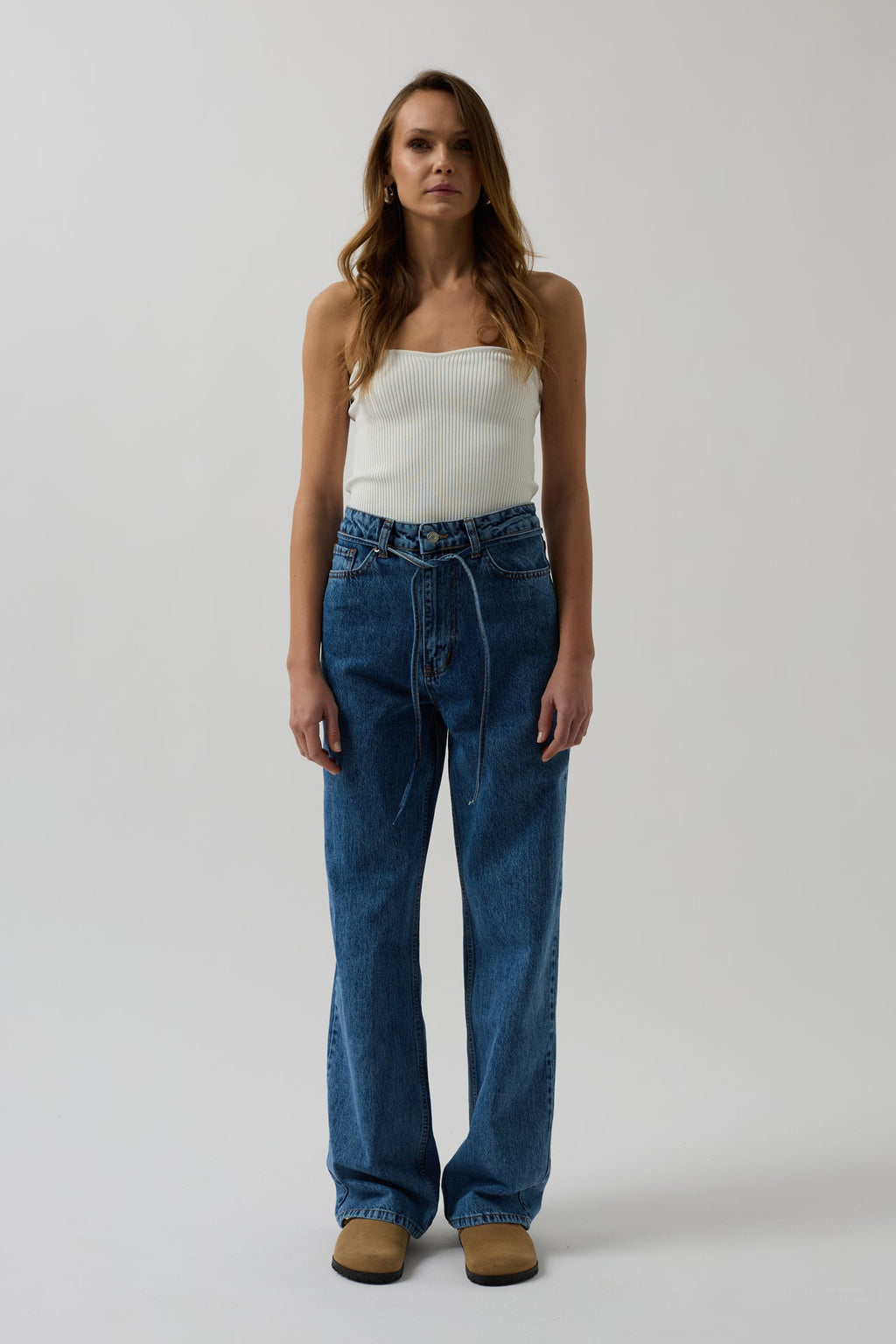 Piping Detail Straight Blue Jeans