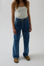 Piping Detail Straight Blue Jeans