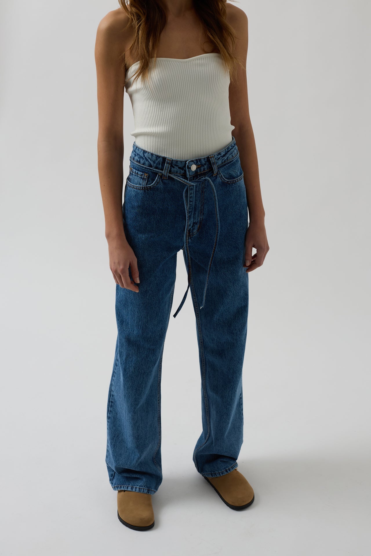 Piping Detail Straight Blue Jeans