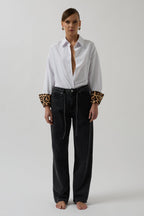 Piping Detail Straight Black Jeans