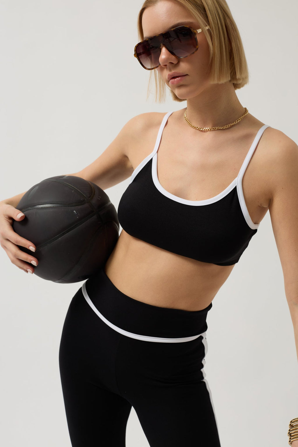 Piping Detail Strappy Black Bra