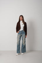 Crop Brown Knitted Cardigan with Piping