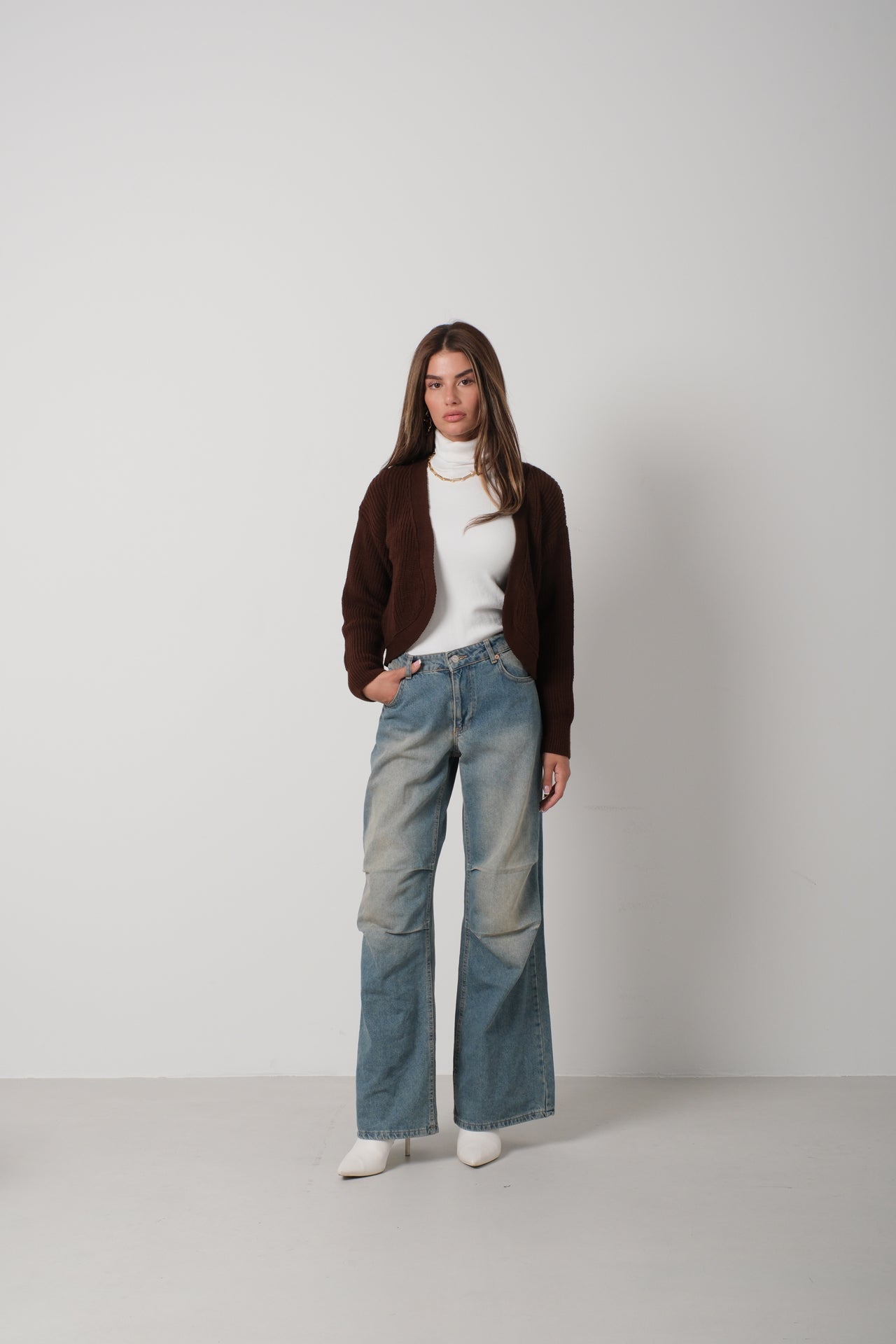 Crop Brown Knitted Cardigan with Piping