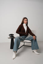 Crop Brown Knitted Cardigan with Piping