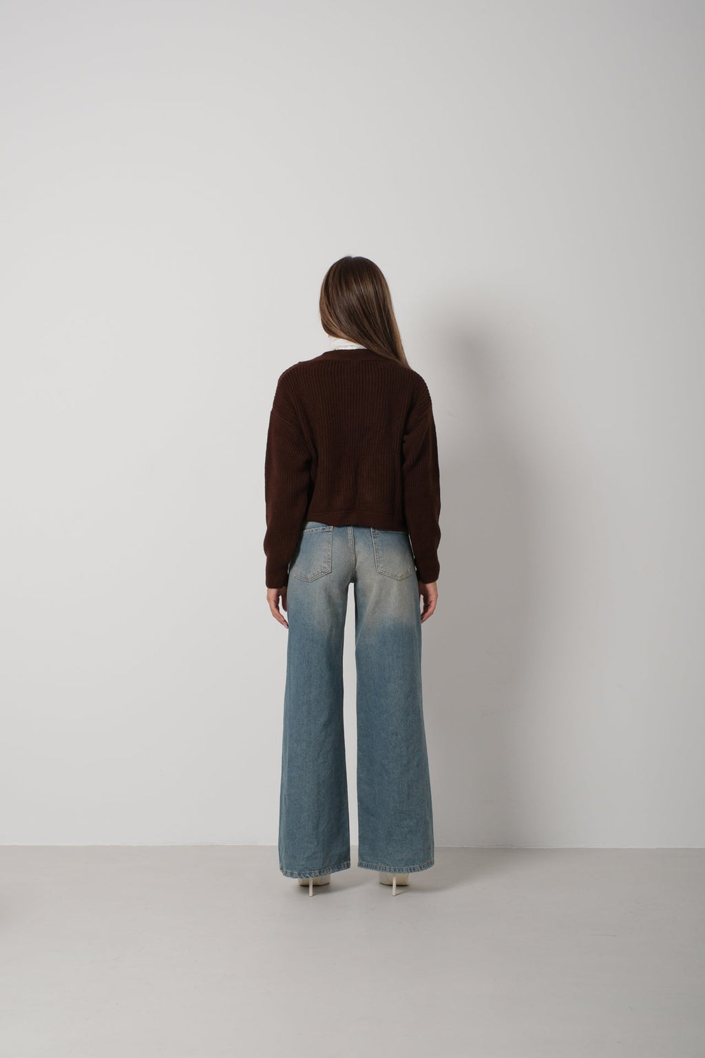 Crop Brown Knitted Cardigan with Piping