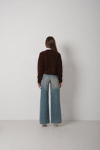 Crop Brown Knitted Cardigan with Piping