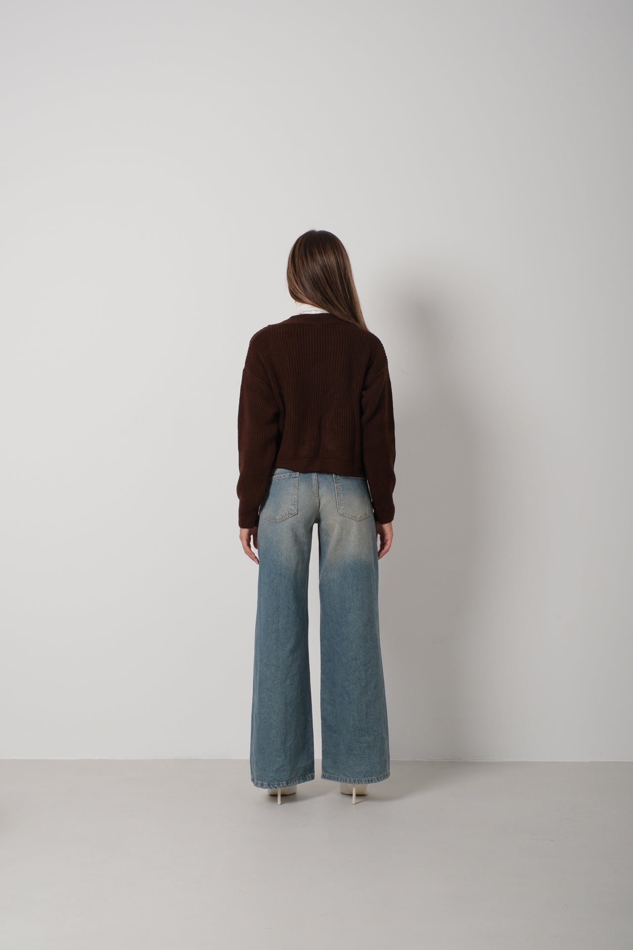 Crop Brown Knitted Cardigan with Piping
