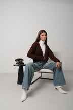 Crop Brown Knitted Cardigan with Piping