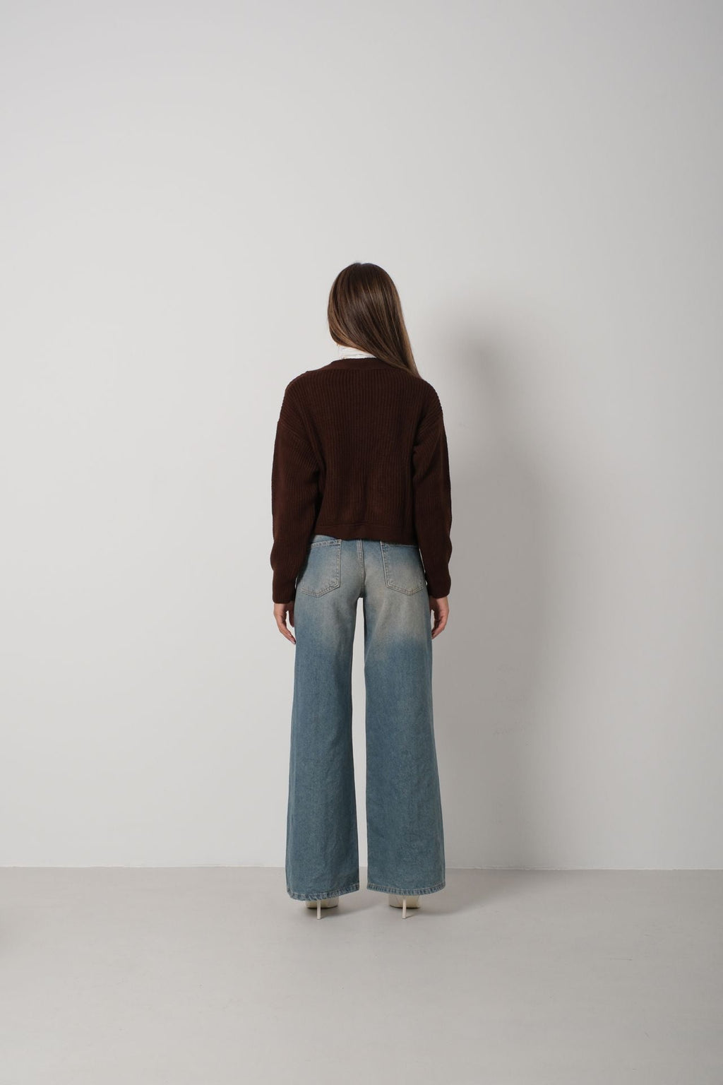 Crop Brown Knitted Cardigan with Piping