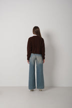 Crop Brown Knitted Cardigan with Piping