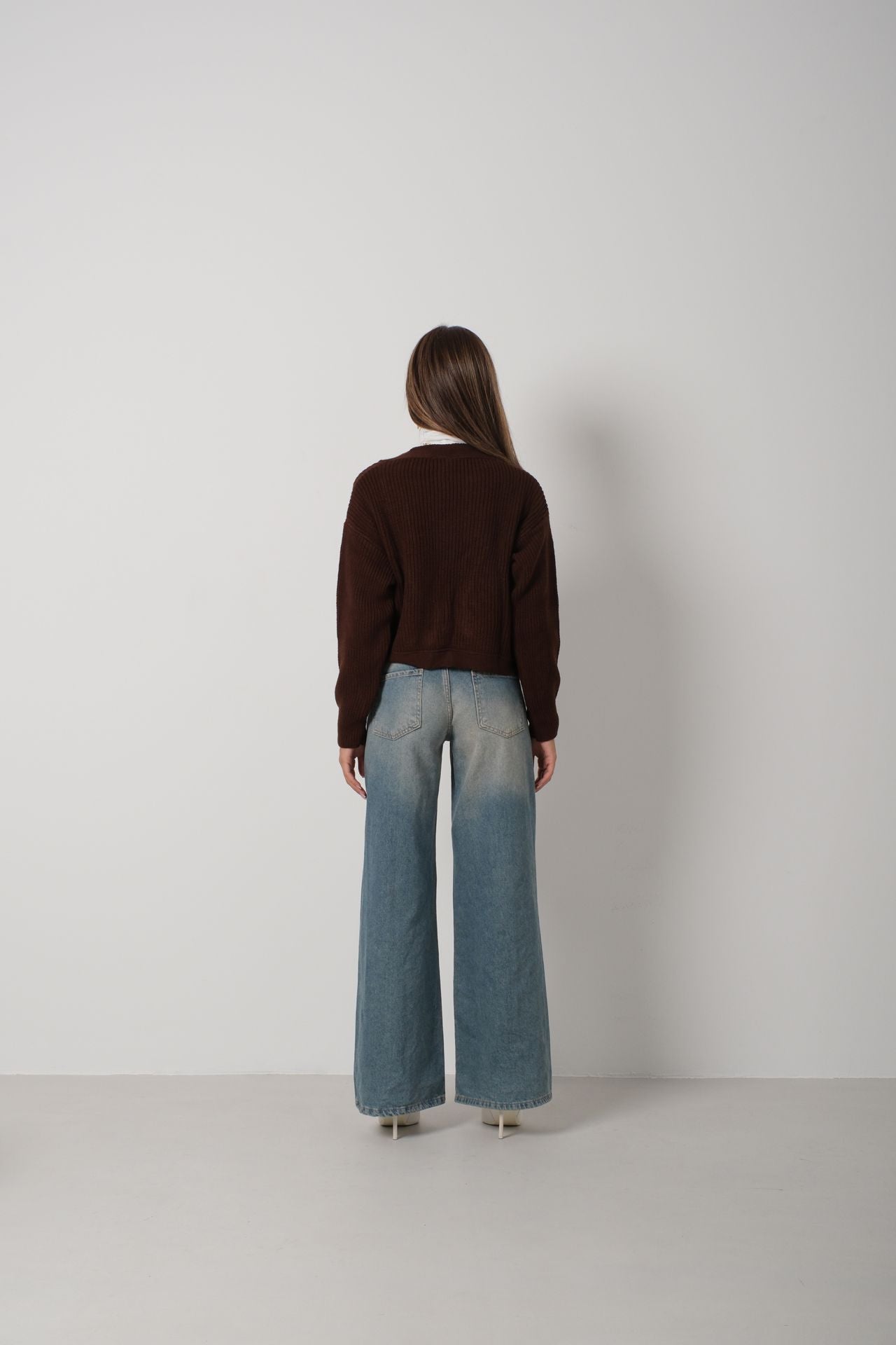 Crop Brown Knitted Cardigan with Piping