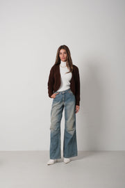 Crop Brown Knitted Cardigan with Piping
