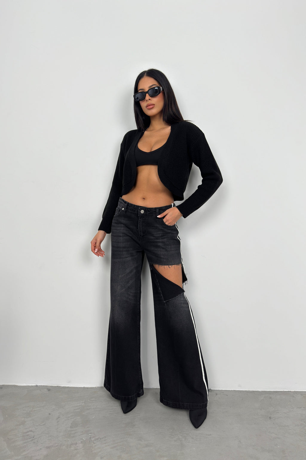 Piped Crop Black Knit Cardigan