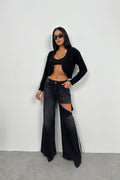 Piped Crop Black Knit Cardigan
