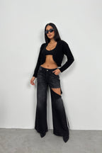 Piped Crop Black Knit Cardigan