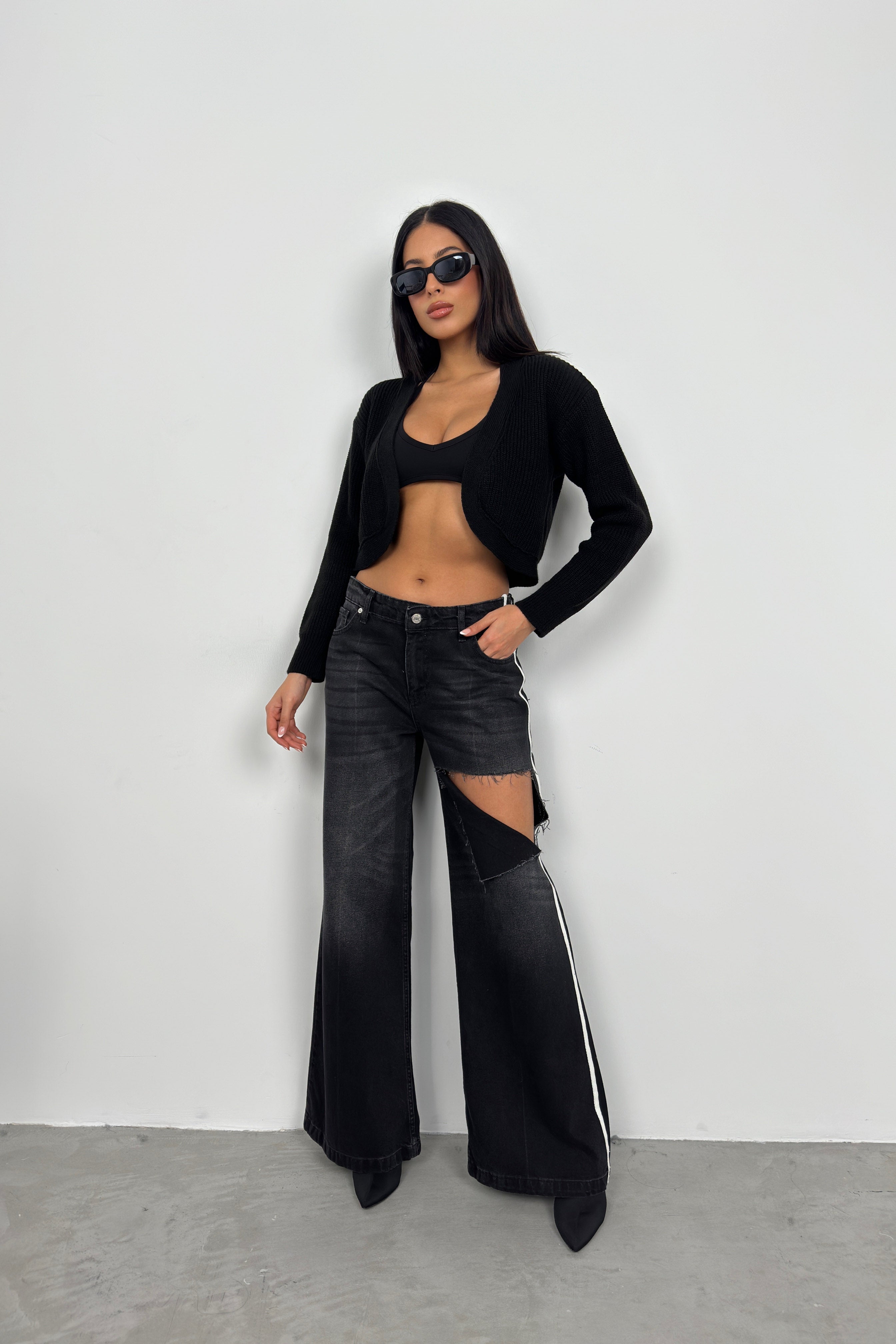 Piped Crop Black Knit Cardigan