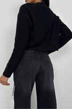 Piped Crop Black Knit Cardigan