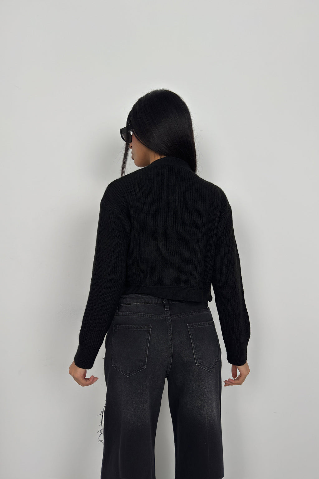 Piped Crop Black Knit Cardigan