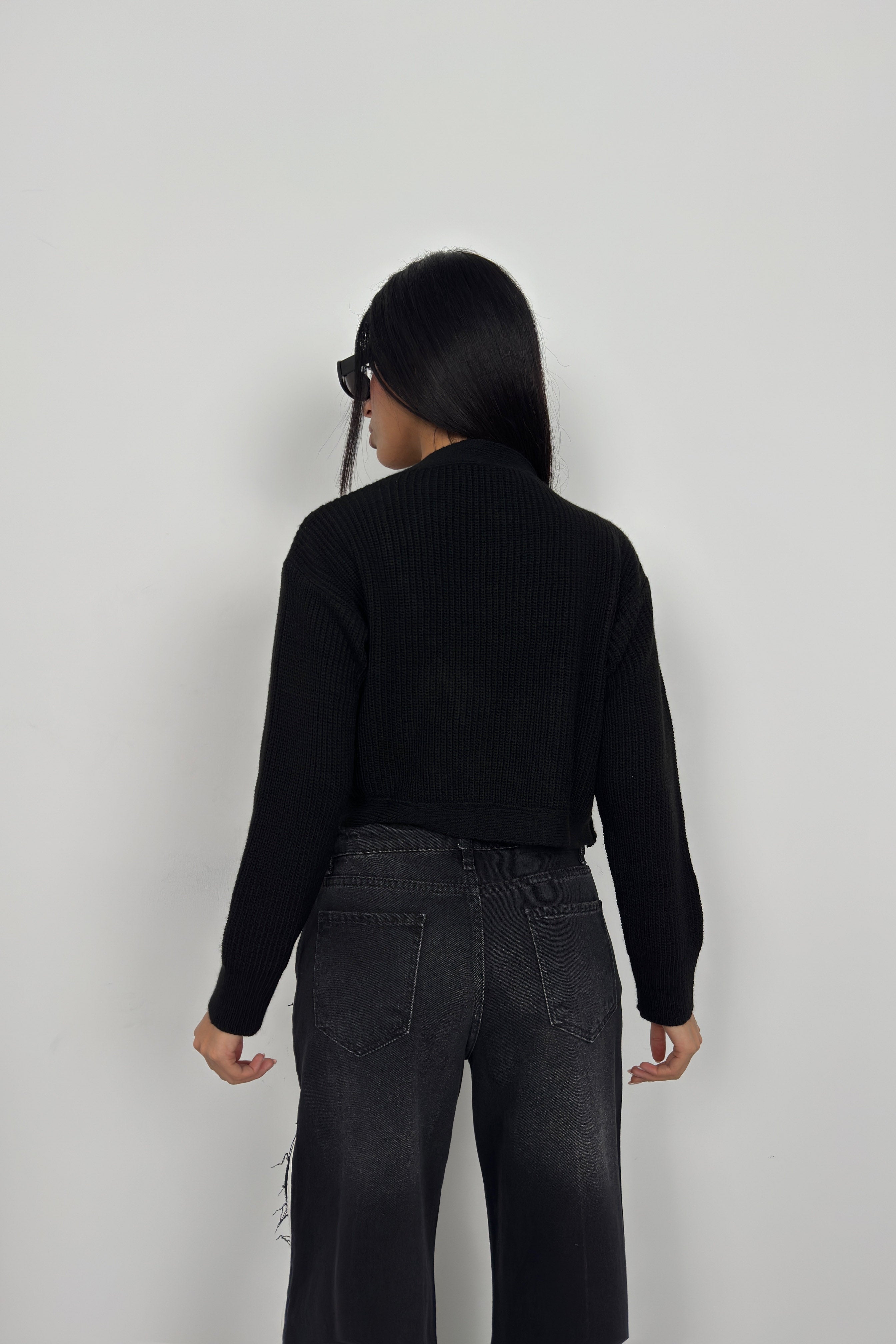 Piped Crop Black Knit Cardigan