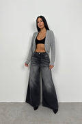 Piped Crop Gray Knit Cardigan