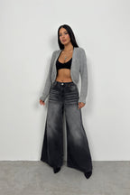 Piped Crop Gray Knit Cardigan