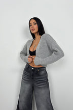 Piped Crop Gray Knit Cardigan
