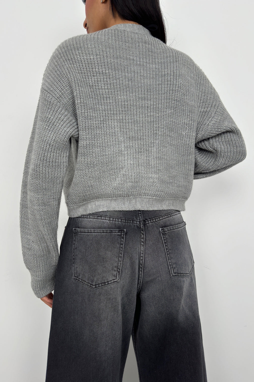 Piped Crop Gray Knit Cardigan