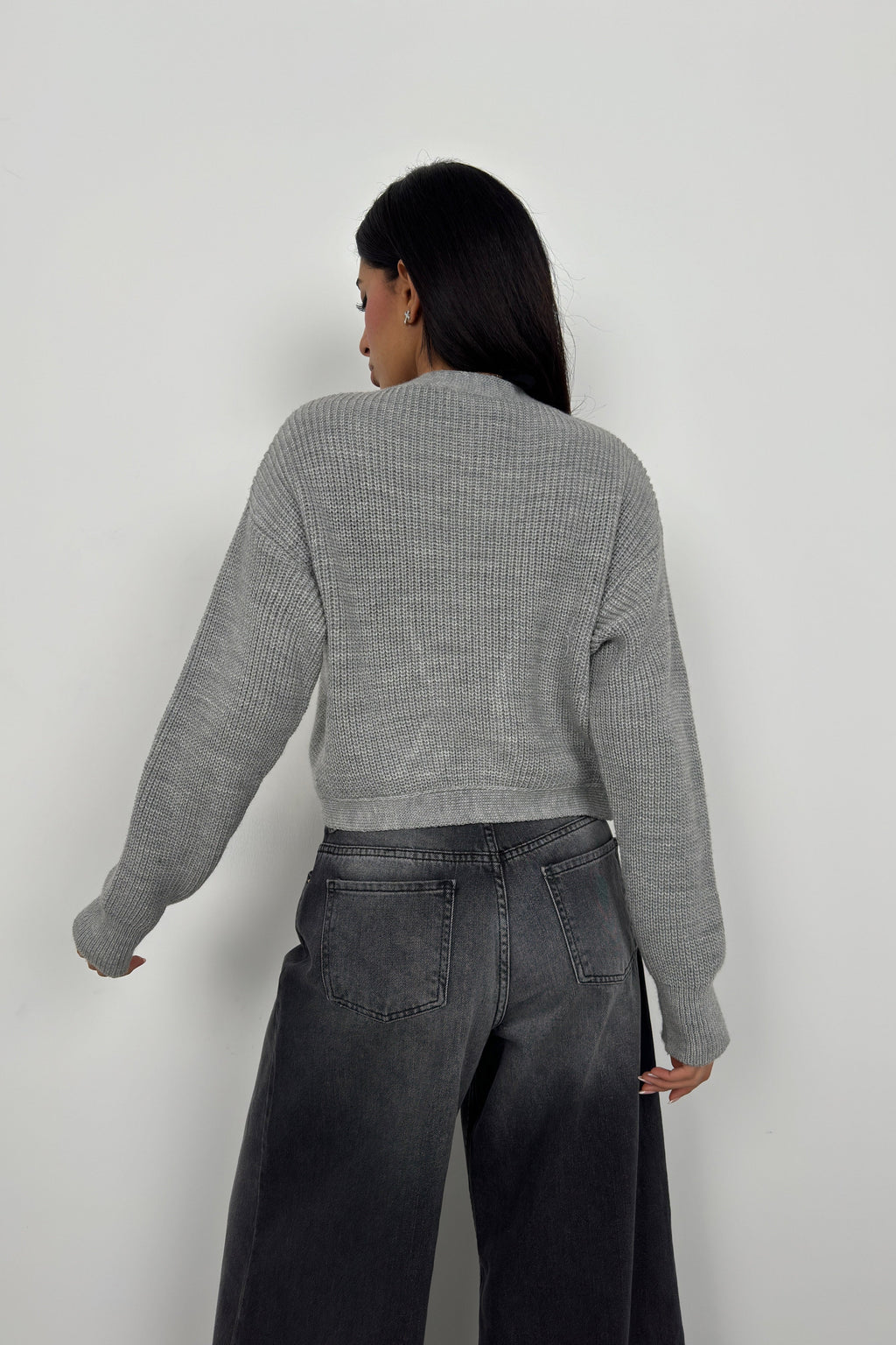 Piped Crop Gray Knit Cardigan