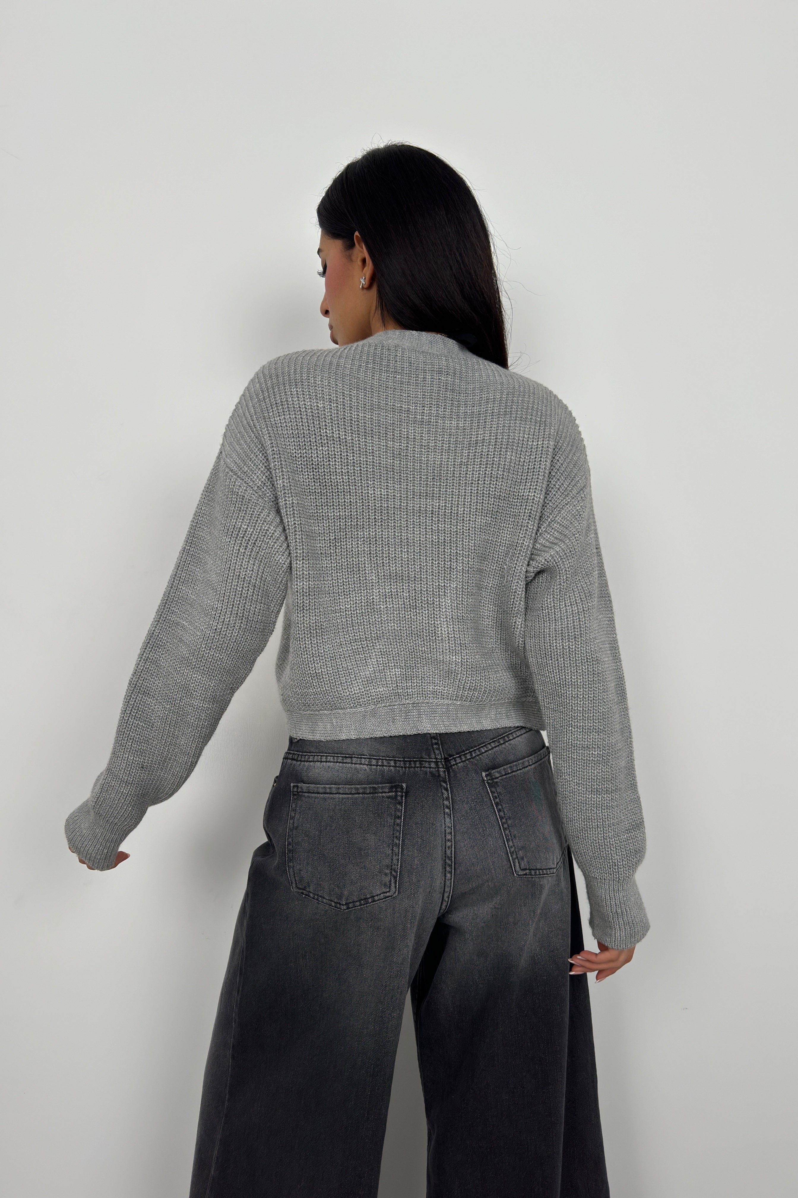 Piped Crop Gray Knit Cardigan