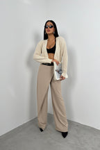 Piped Crop Beige Knit Cardigan