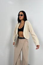 Piped Crop Beige Knit Cardigan