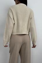 Piped Crop Beige Knit Cardigan