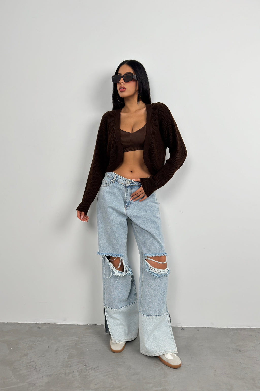 Piped Crop Brown Knit Cardigan