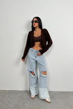 Piped Crop Brown Knit Cardigan