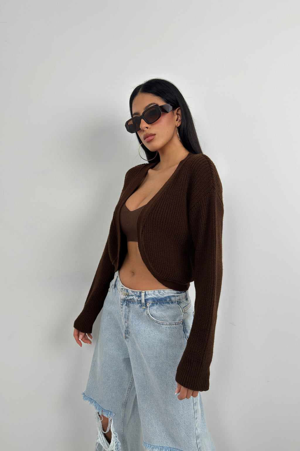 Piped Crop Brown Knit Cardigan