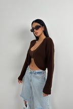 Piped Crop Brown Knit Cardigan