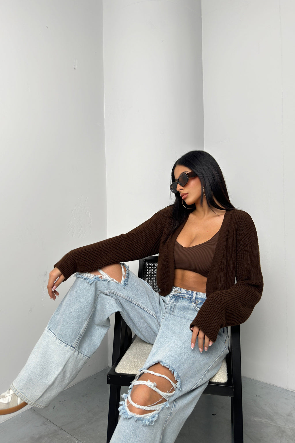 Piped Crop Brown Knit Cardigan