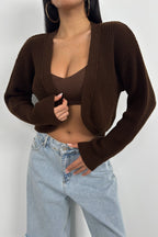 Piped Crop Brown Knit Cardigan