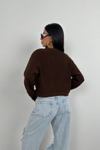 Piped Crop Brown Knit Cardigan