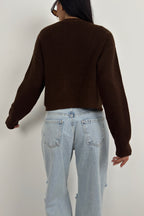Piped Crop Brown Knit Cardigan