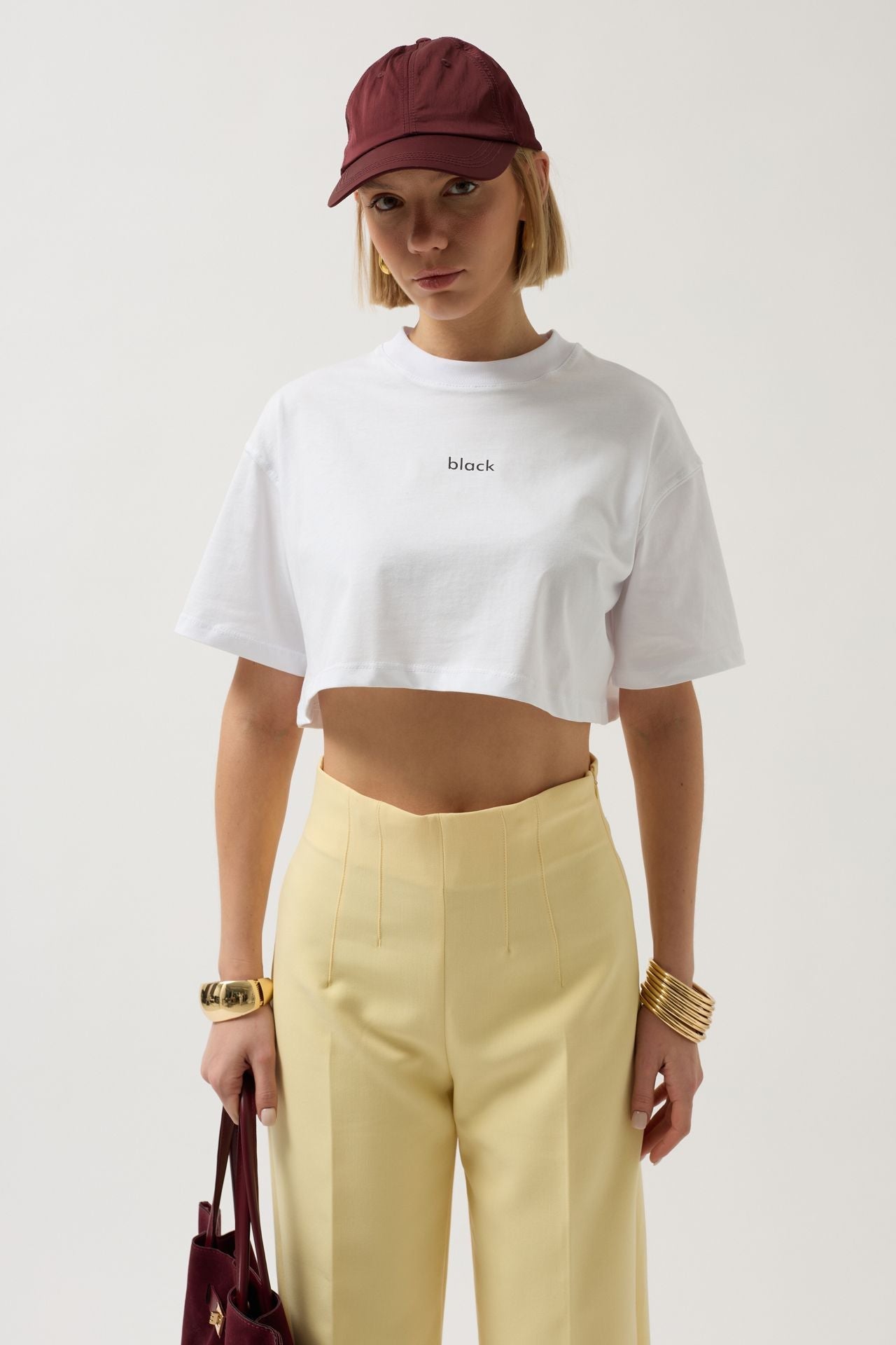 Black Printed Crop White T-Shirt