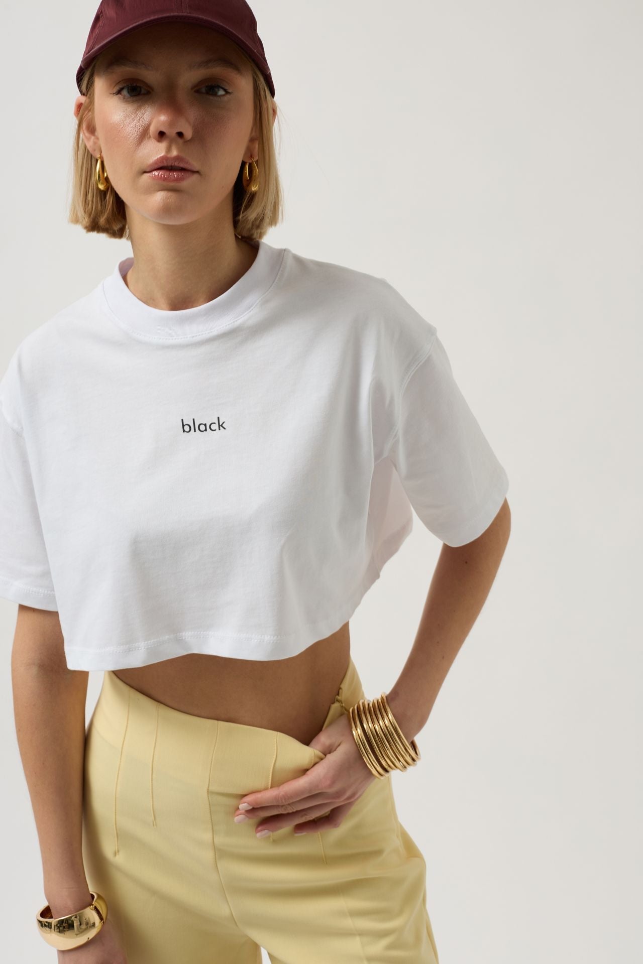 Black Printed Crop White T-Shirt