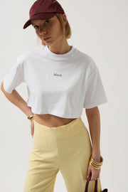 Black Printed Crop White T-Shirt